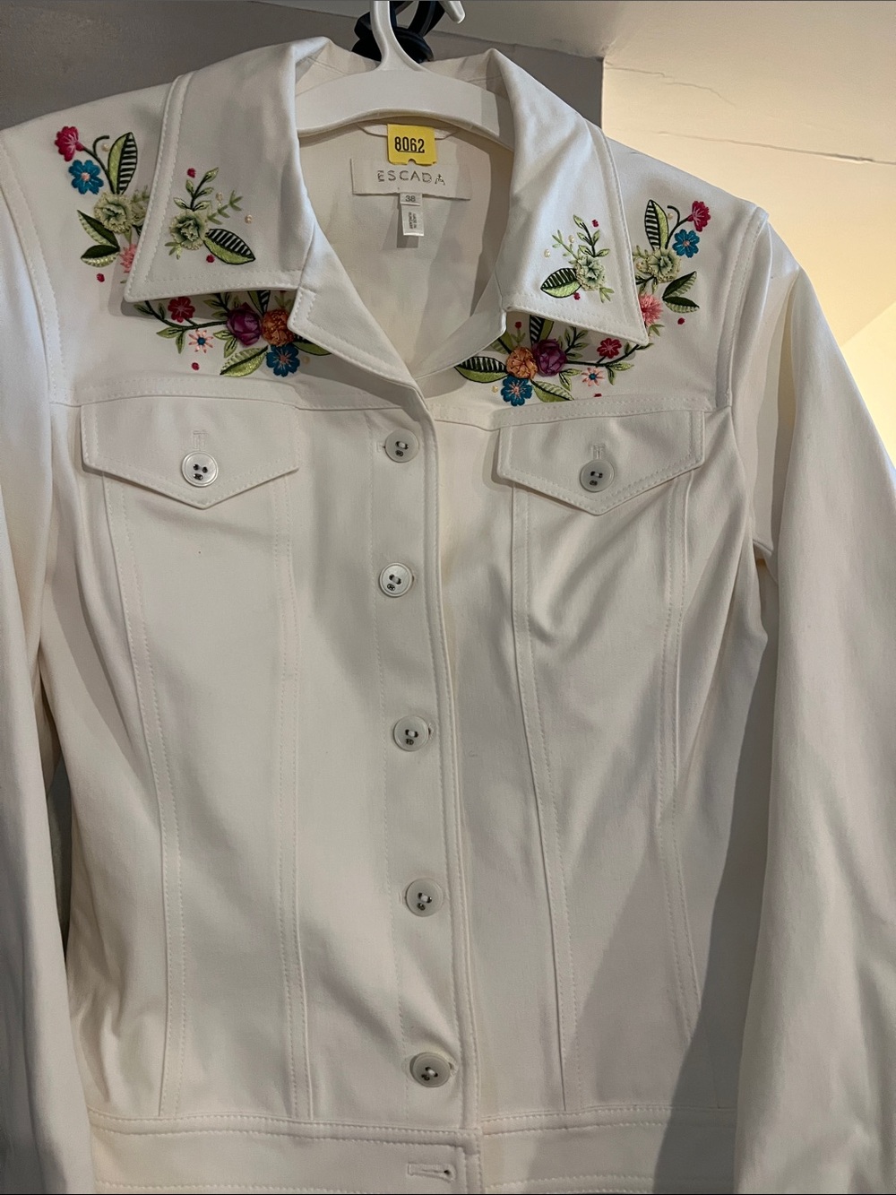 Escada White Denim Jacket with Multicolor Floral Embroidery